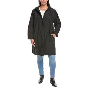 Eileen Fisher Rain Coat Women's XL Black Hood Pockets Zip Front Buttons Outdoors